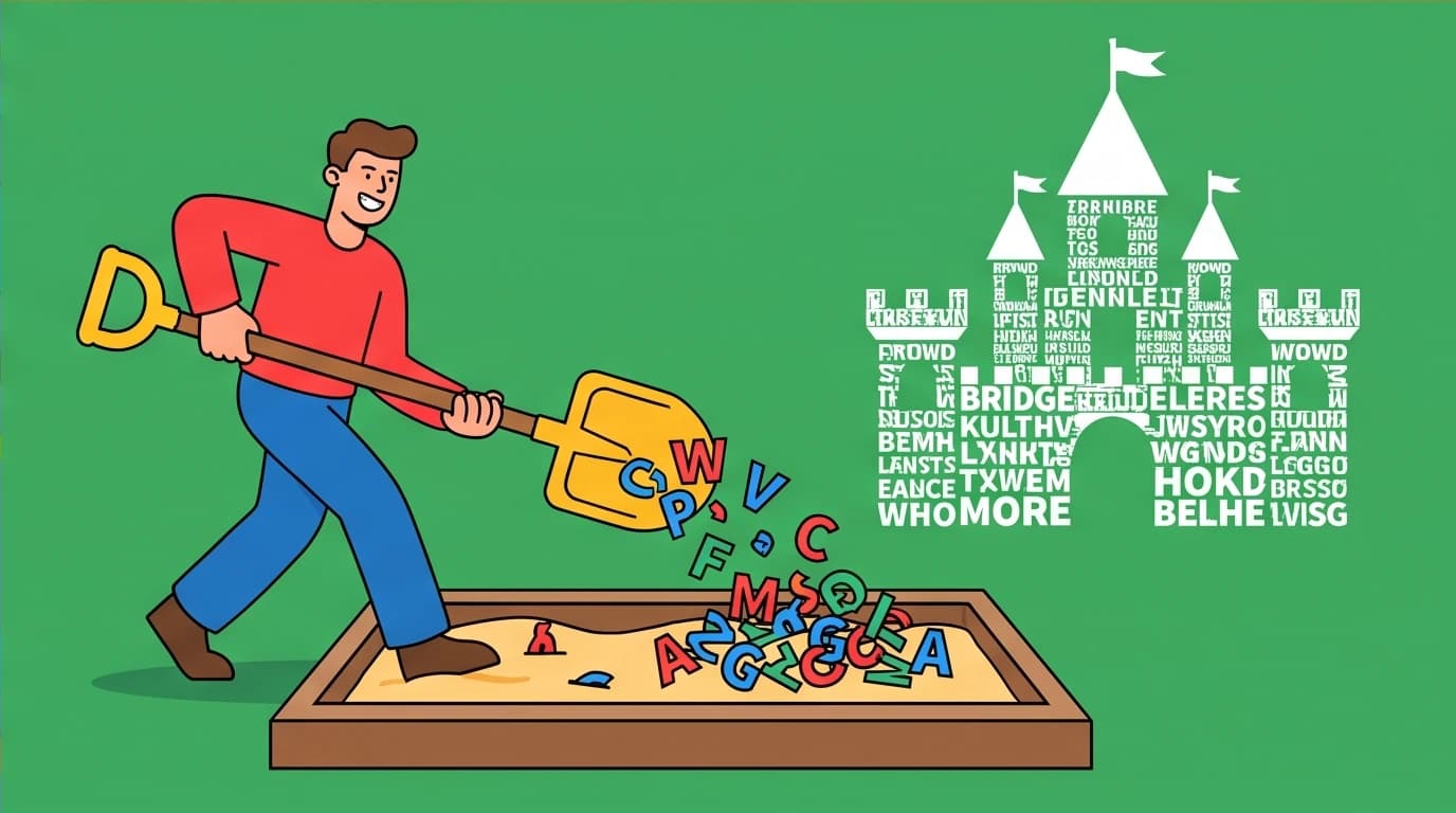 A writer shoveling messy words into a sandbox to build a castle, a metaphor for giving yourself permission to write a bad first draft to boost productivity.