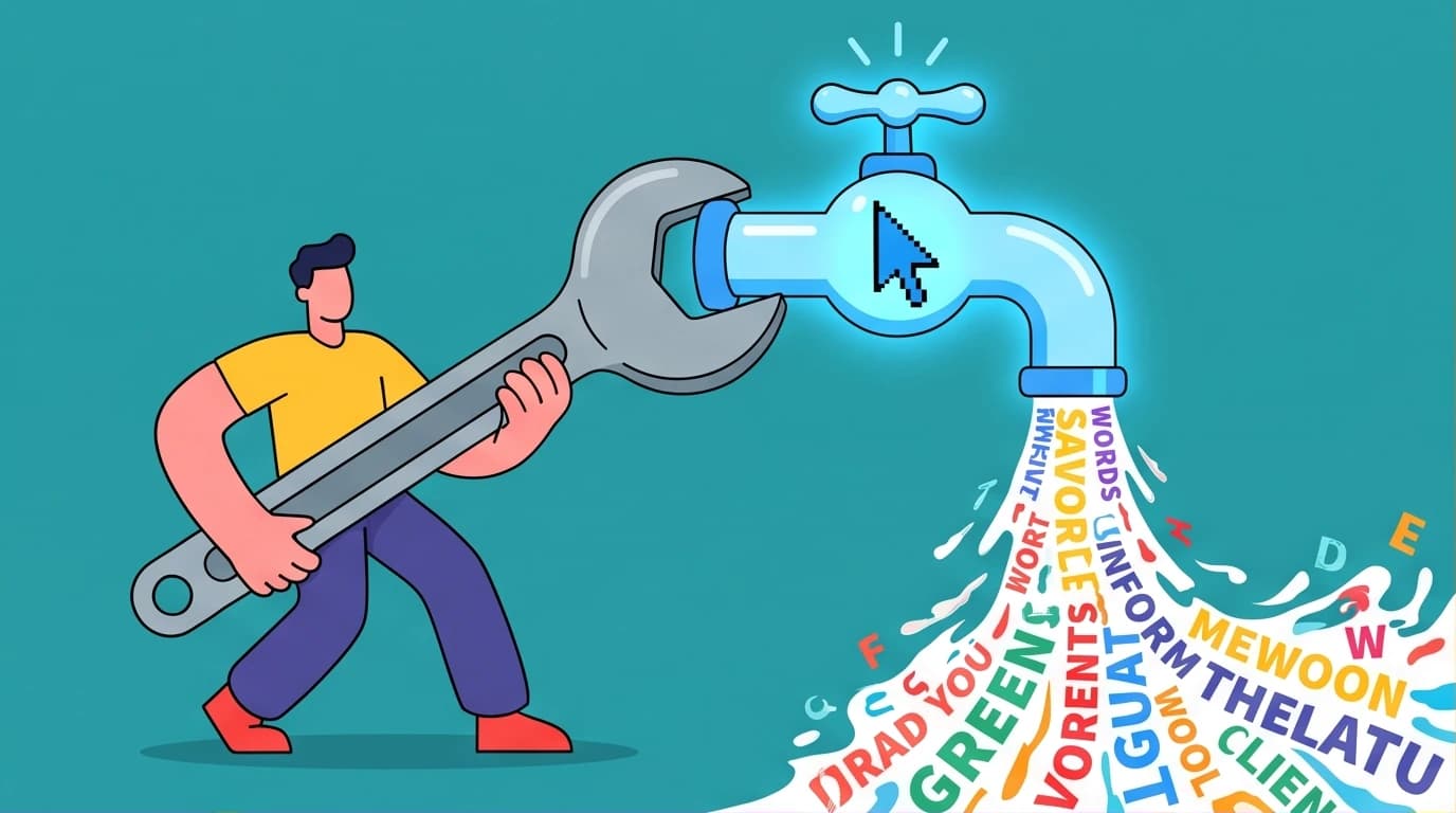 Illustration of a writer turning on a faucet shaped like a cursor, showing the Louis L'Amour writing routine to increase output and build creative discipline.
