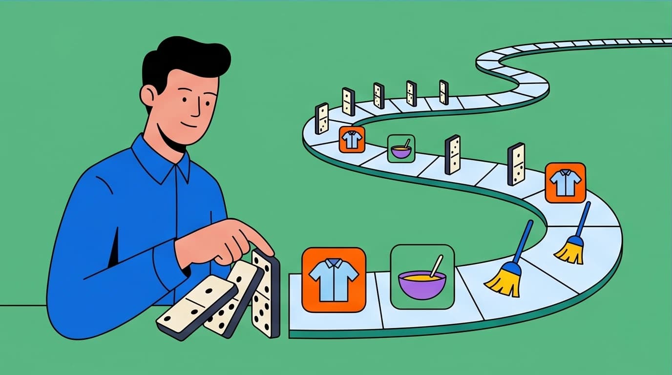 A person building an automated system using micro-habits to combat decision fatigue and create a sustainable low-energy lifestyle.