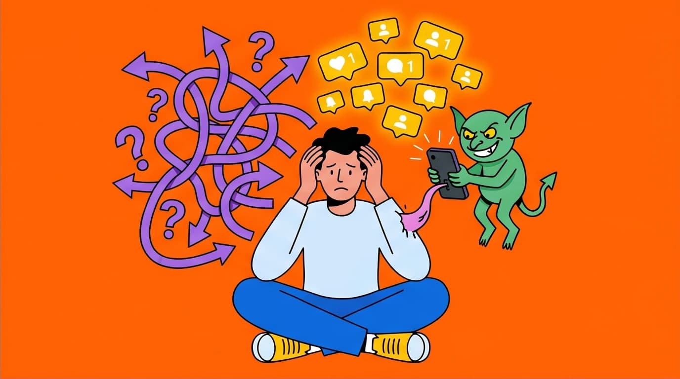 A character overwhelmed by energy monsters representing decision fatigue, information overload, and poor sleep quality in modern life.