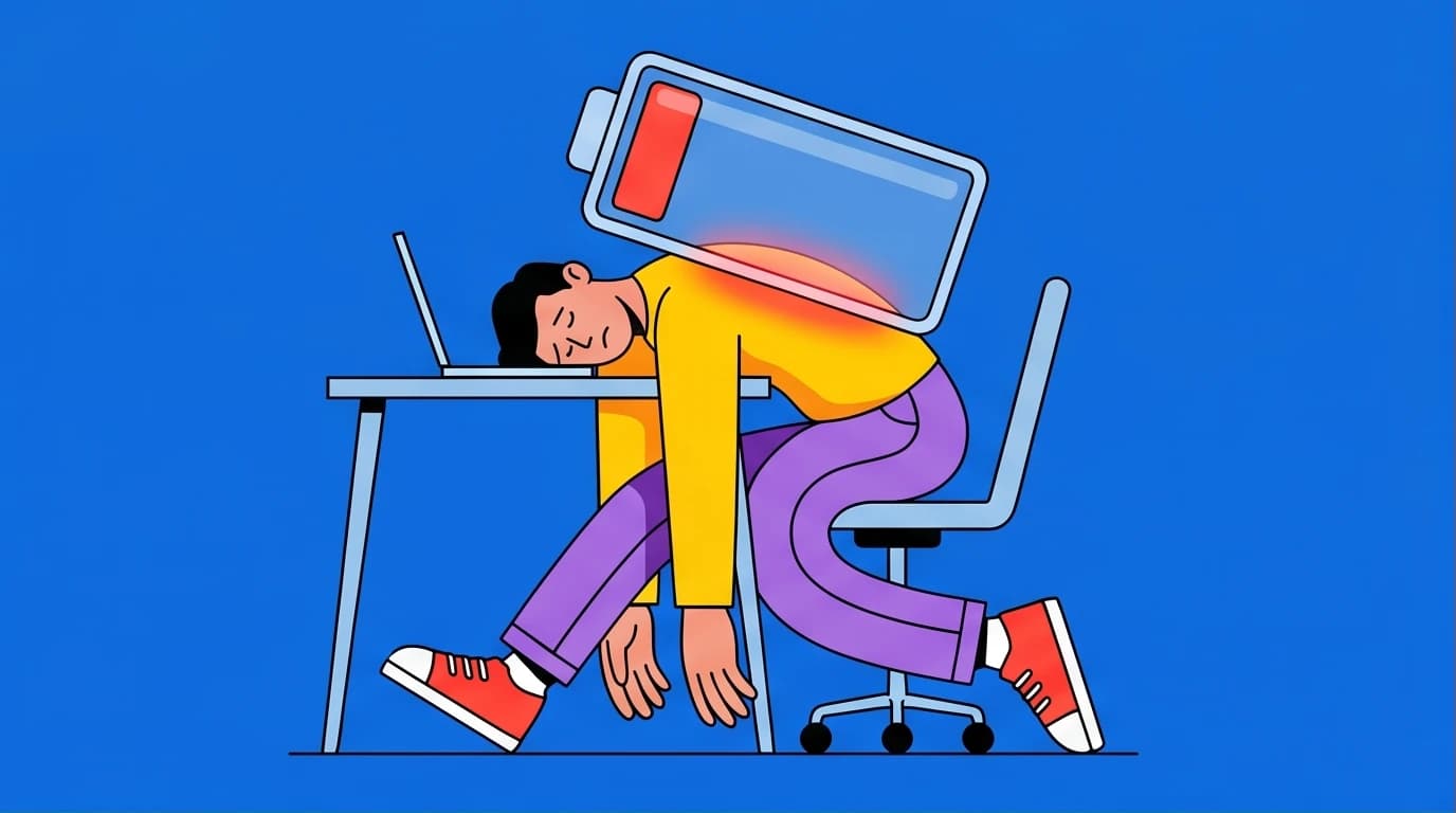 Illustration of a person with a drained battery icon on their back, symbolizing chronic fatigue and the need for low-energy lifestyle habits.