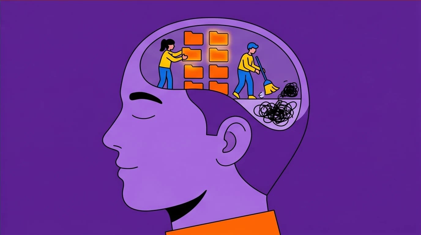 A visual metaphor for improving sleep quality: tiny figures cleaning the brain to reset it, a key part of a low-energy lifestyle.