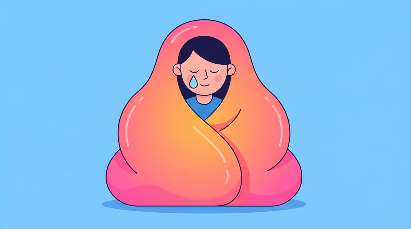 A character embracing vulnerability, a core concept from Huang Shan-Liao's book, showing the emotional comfort it provides to readers.