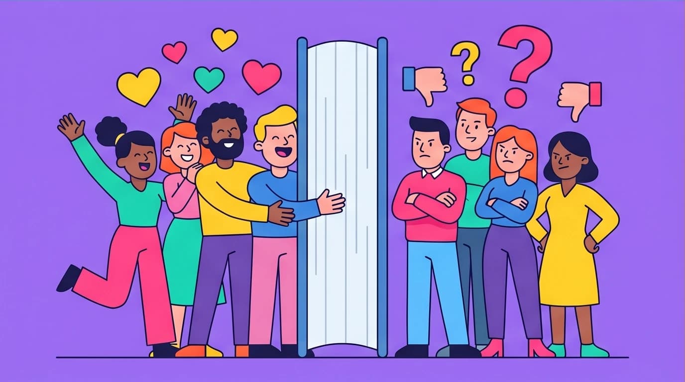 Illustration depicting the divided online community opinions on the book 'Making Life Better Slowly', with fans and critics on opposite sides.