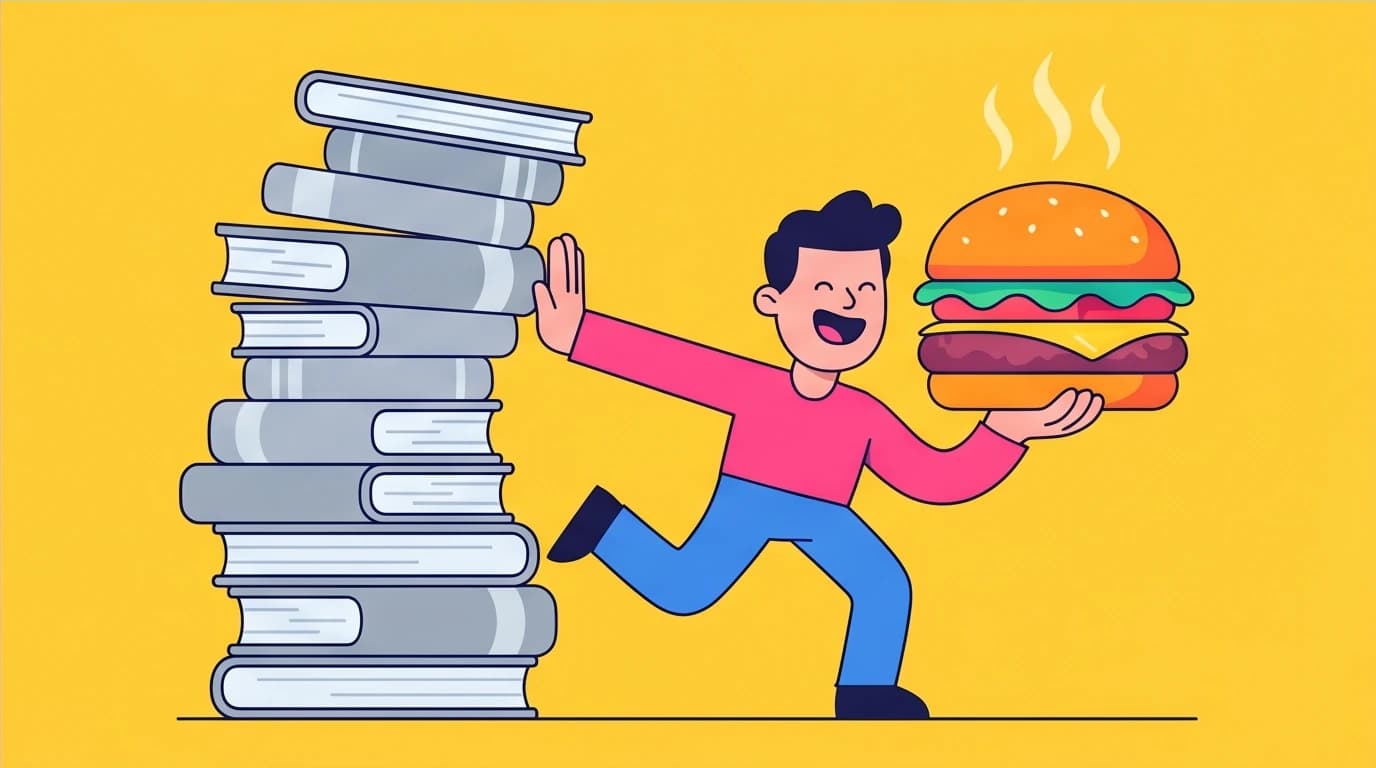 A character choosing a satisfying meal over a shallow book, representing the advice for readers seeking concrete solutions instead.