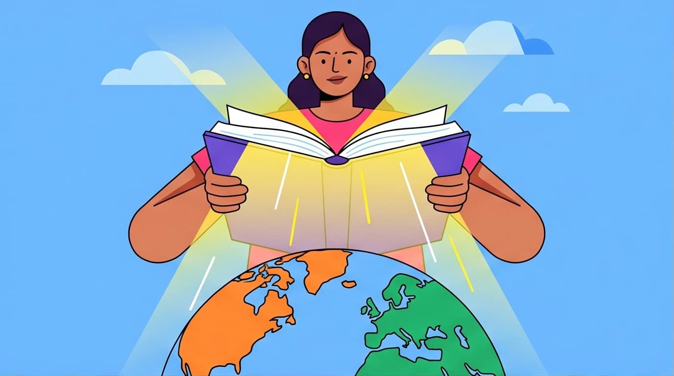 An illustration for the Malala Yousafzai biography showing her as a global education activist, holding a glowing book that lights up the world.