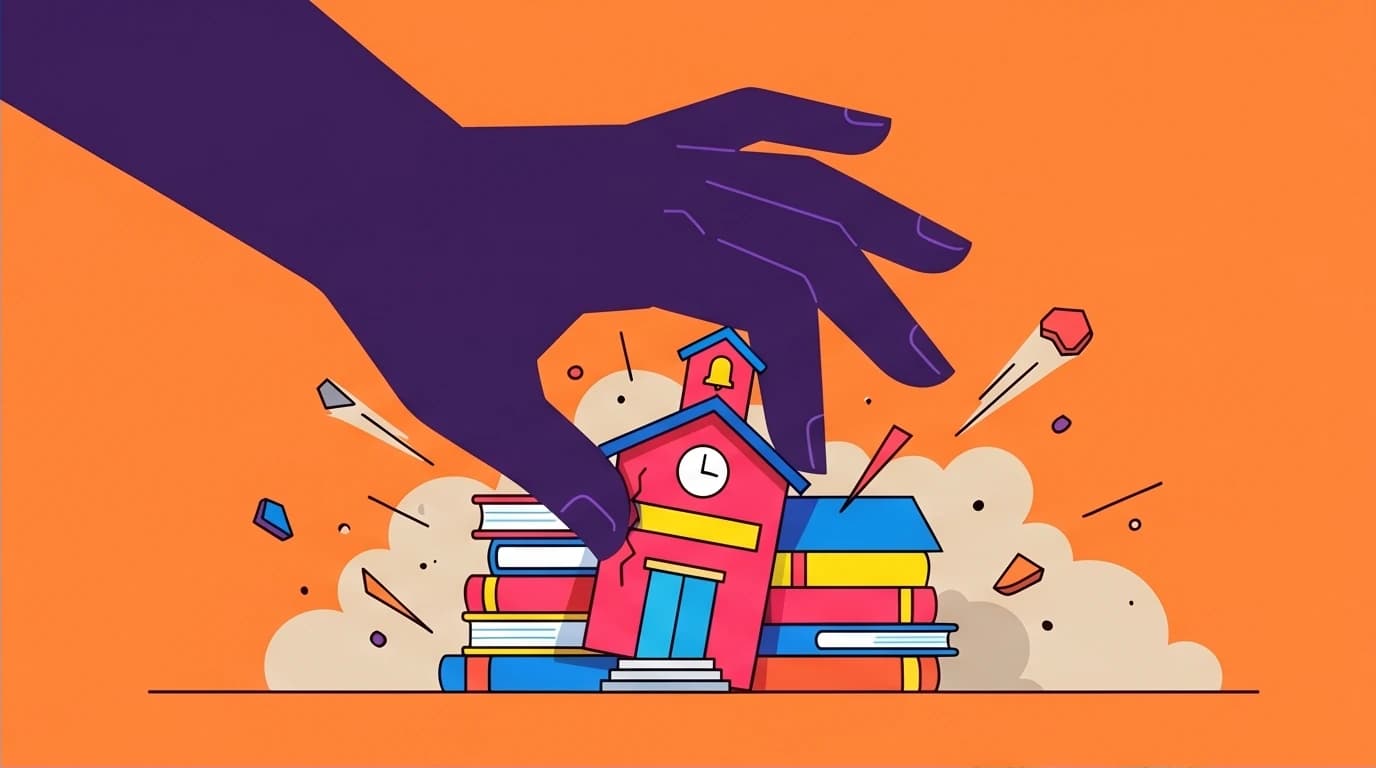Illustration depicting the conflict in Malala's life story: an oppressive force destroying a school made of books in the Swat Valley.