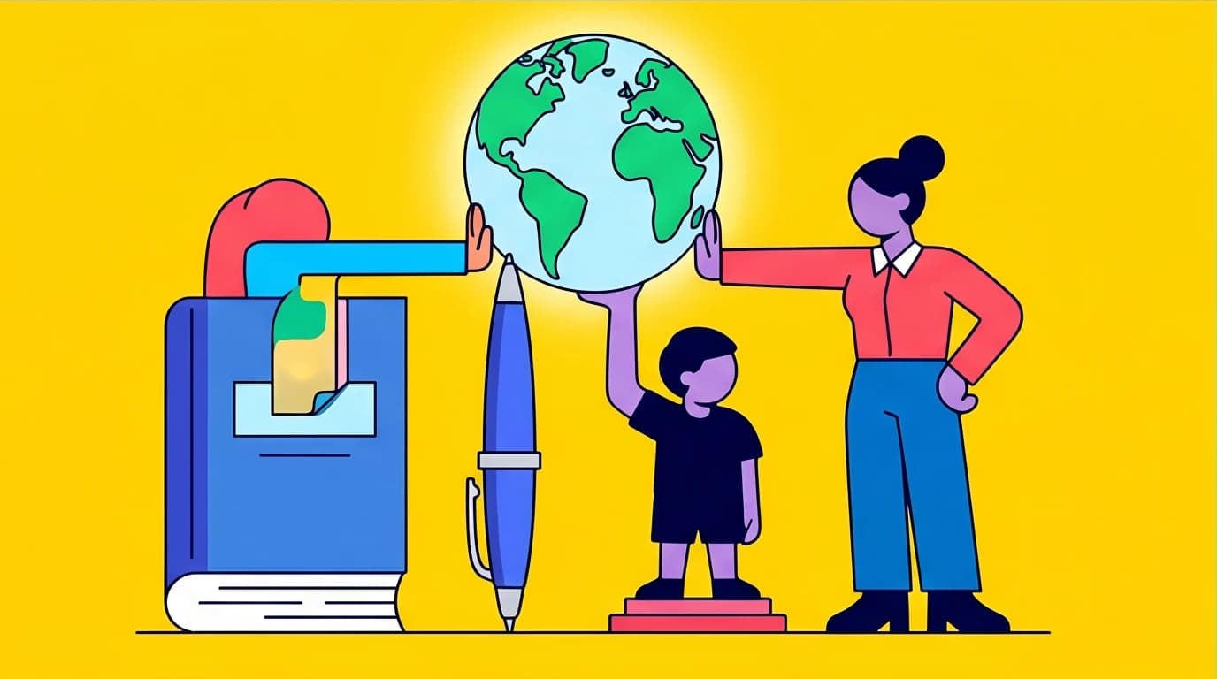 A book, pen, teacher, and child supporting the world, symbolizing Malala Yousafzai's powerful one-message communication strategy.