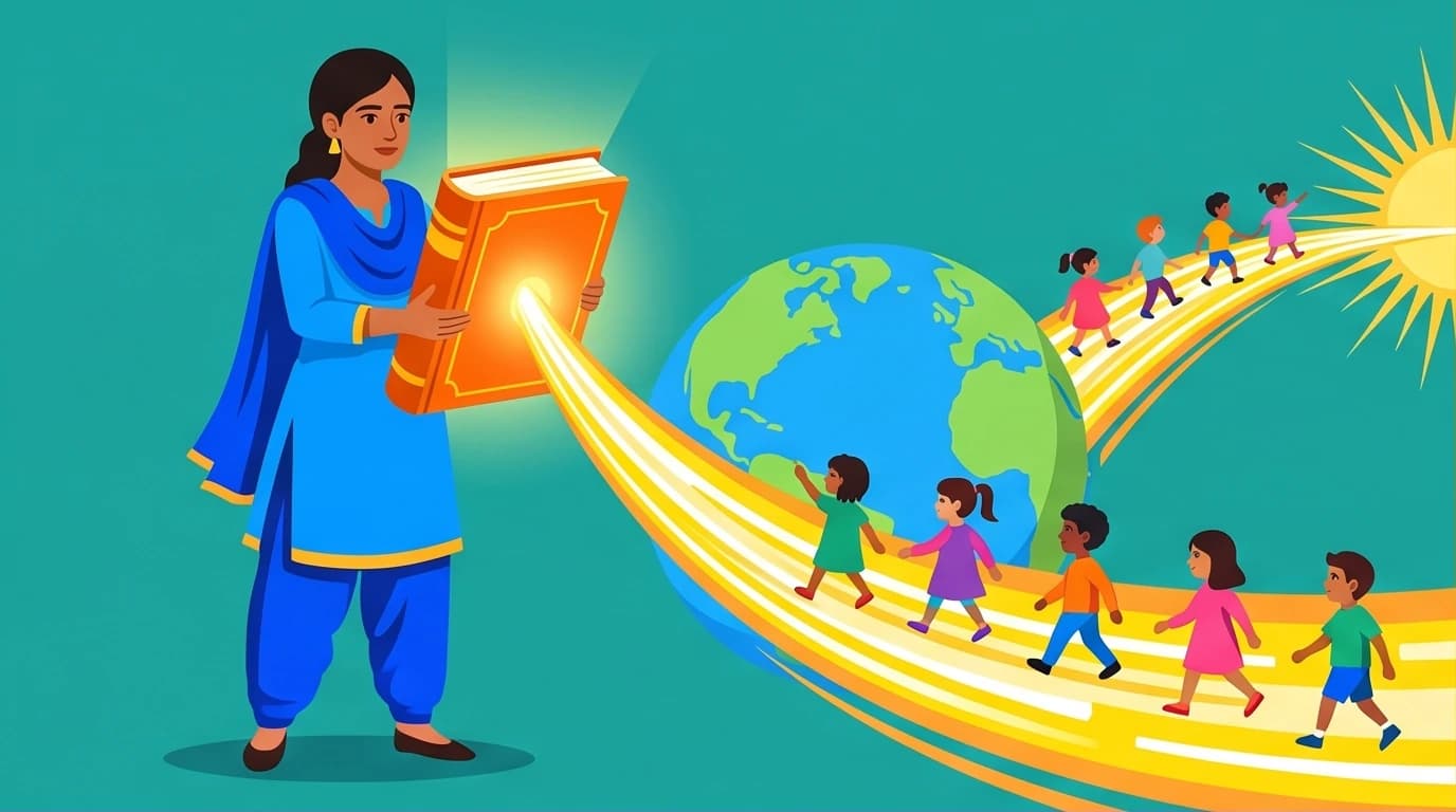 An illustration of Malala Yousafzai's global impact, showing how her fight for education, symbolized by a glowing book, created a path for children worldwide.