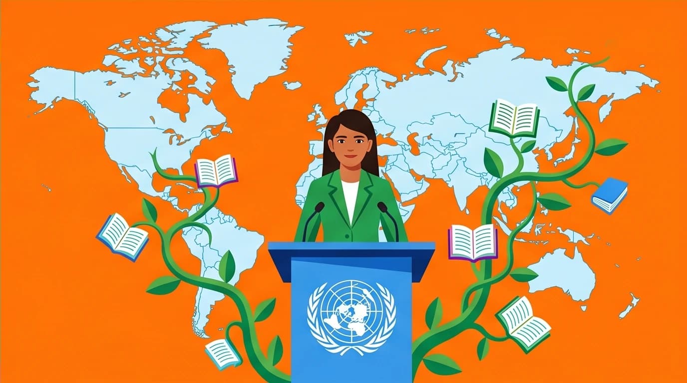 Illustration of Malala Yousafzai's UN speech, where her words grow into vines of knowledge across a world map, symbolizing her courage and global impact.