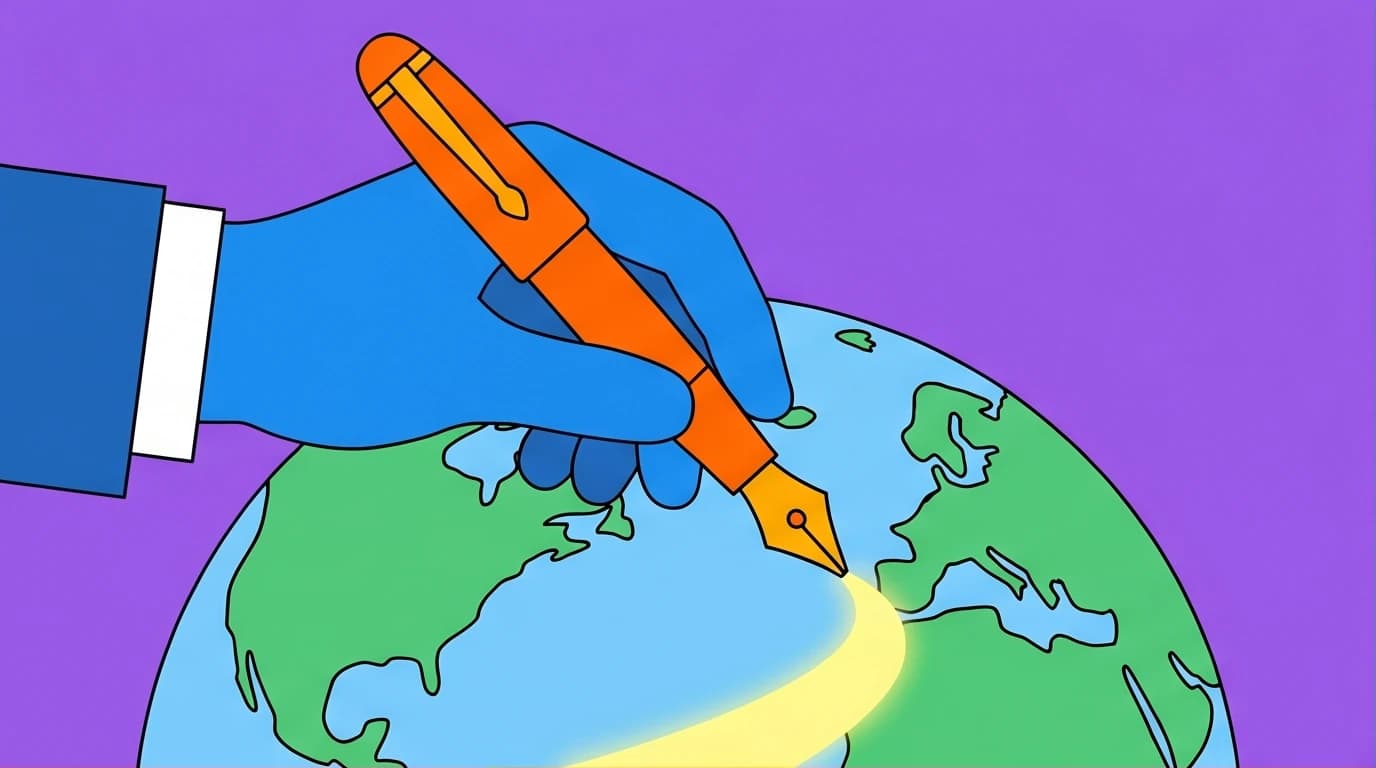 Illustration of a large pen drawing a path on a globe, inspired by Malala Yousafzai's quotes on how education can change the world.