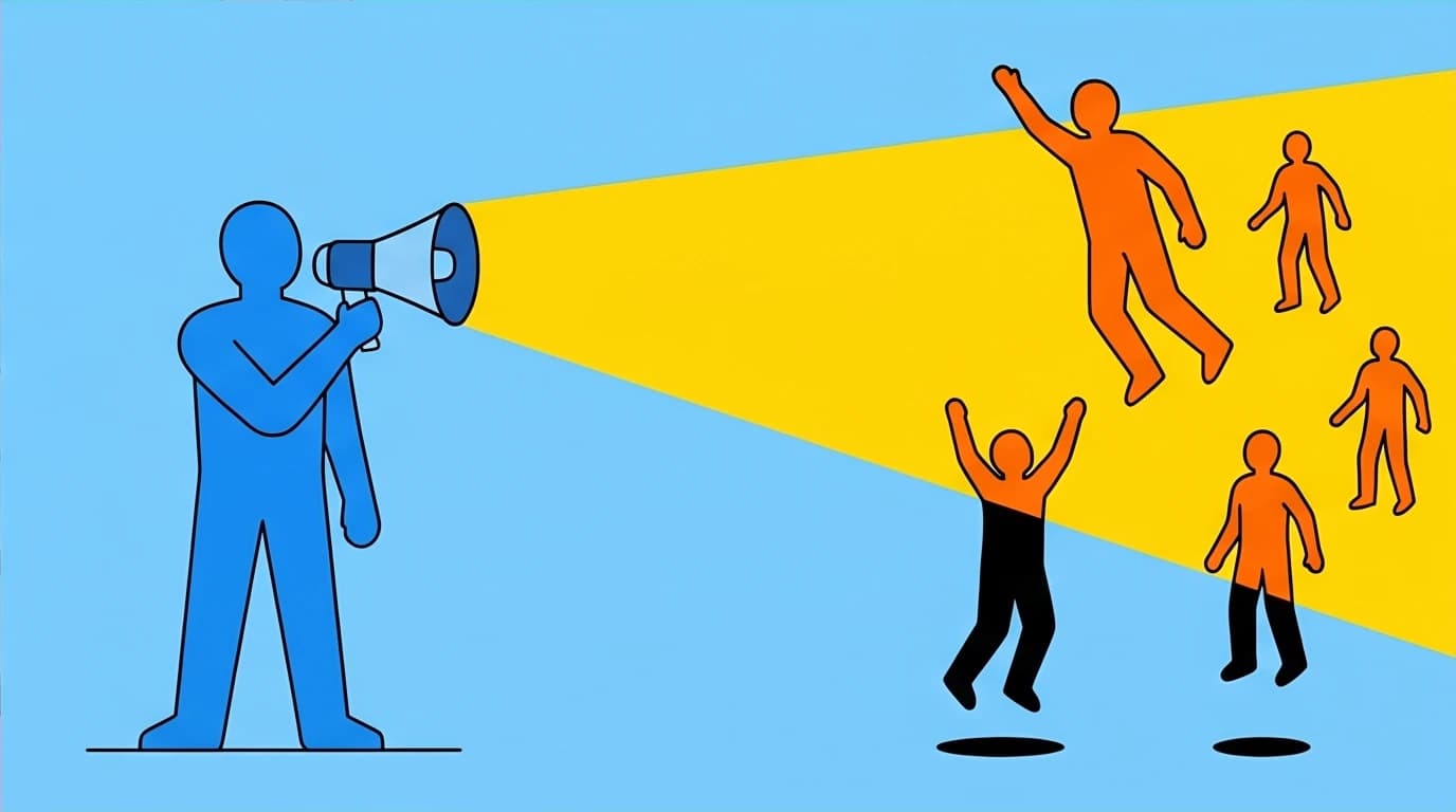 An illustration of a person using a megaphone to shine light on others, representing inspirational quotes by Malala on amplifying voices.