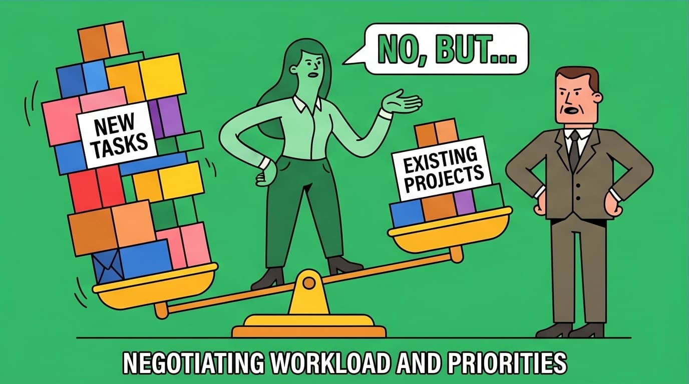 A professional uses the 'No, But' strategy to manage stress, presenting a balancing scale of tasks to a manager to negotiate priorities and prevent burnout.