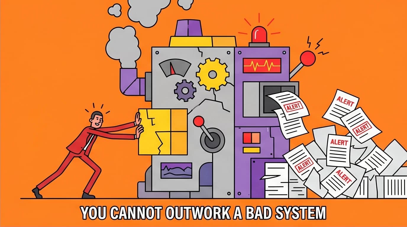 An illustration shows a person pushing a giant broken machine, symbolizing the futility of outworking a bad system which leads to job burnout.