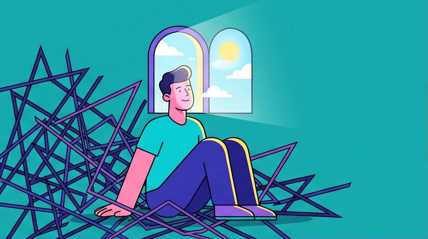 An illustration inspired by Viktor Frankl's "Man's Search for Meaning," showing a person finding inner freedom and choosing their attitude amidst adversity.