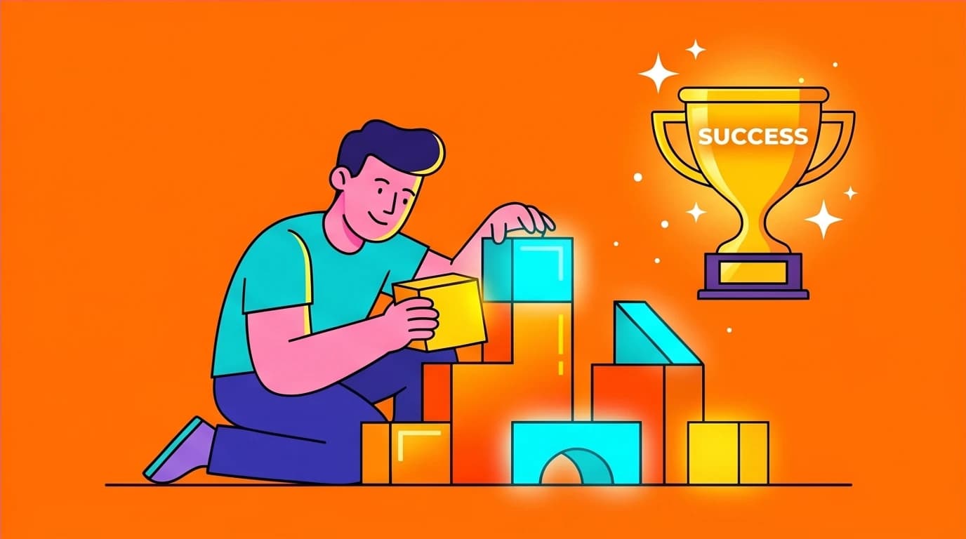 Corporate Memphis art depicting success as a by-product of focusing on a meaningful task, based on Viktor Frankl's wisdom on life.