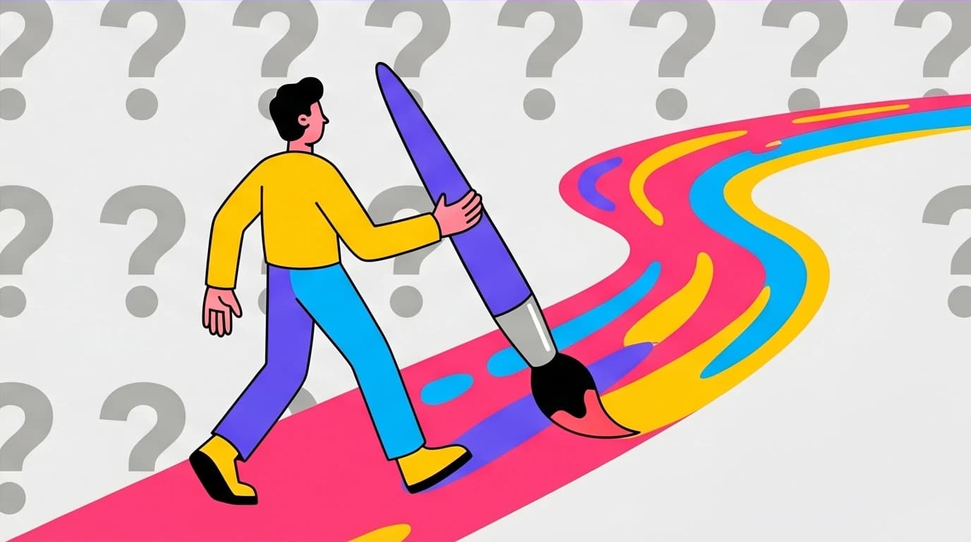 A person with a giant paintbrush creates a colorful path away from a background of question marks, illustrating the proactive mindset of giving meaning to life inspired by Logotherapy.