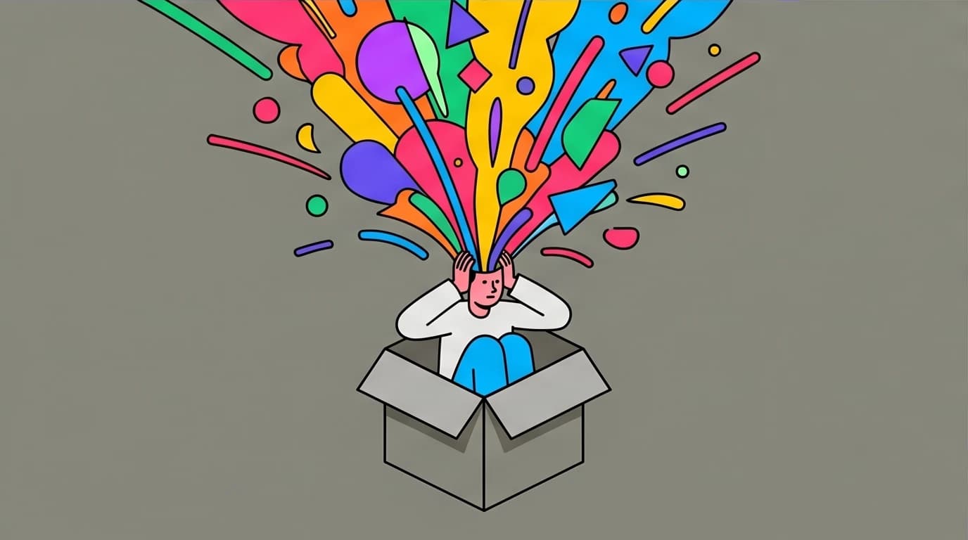 An illustration of a person confined in a box, but whose mind creates a vast, colorful universe, symbolizing the freedom to choose one's attitude in suffering as described in 'Man's Search for Meaning'.