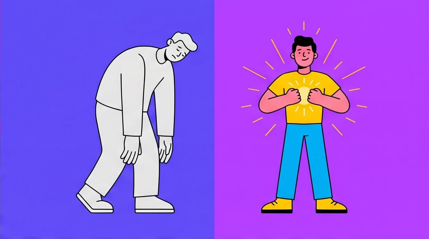 A Corporate Memphis illustration showing a person with powerful inner light next to a physically strong but defeated person, representing Viktor Frankl's theory that meaning, not strength, ensures survival.
