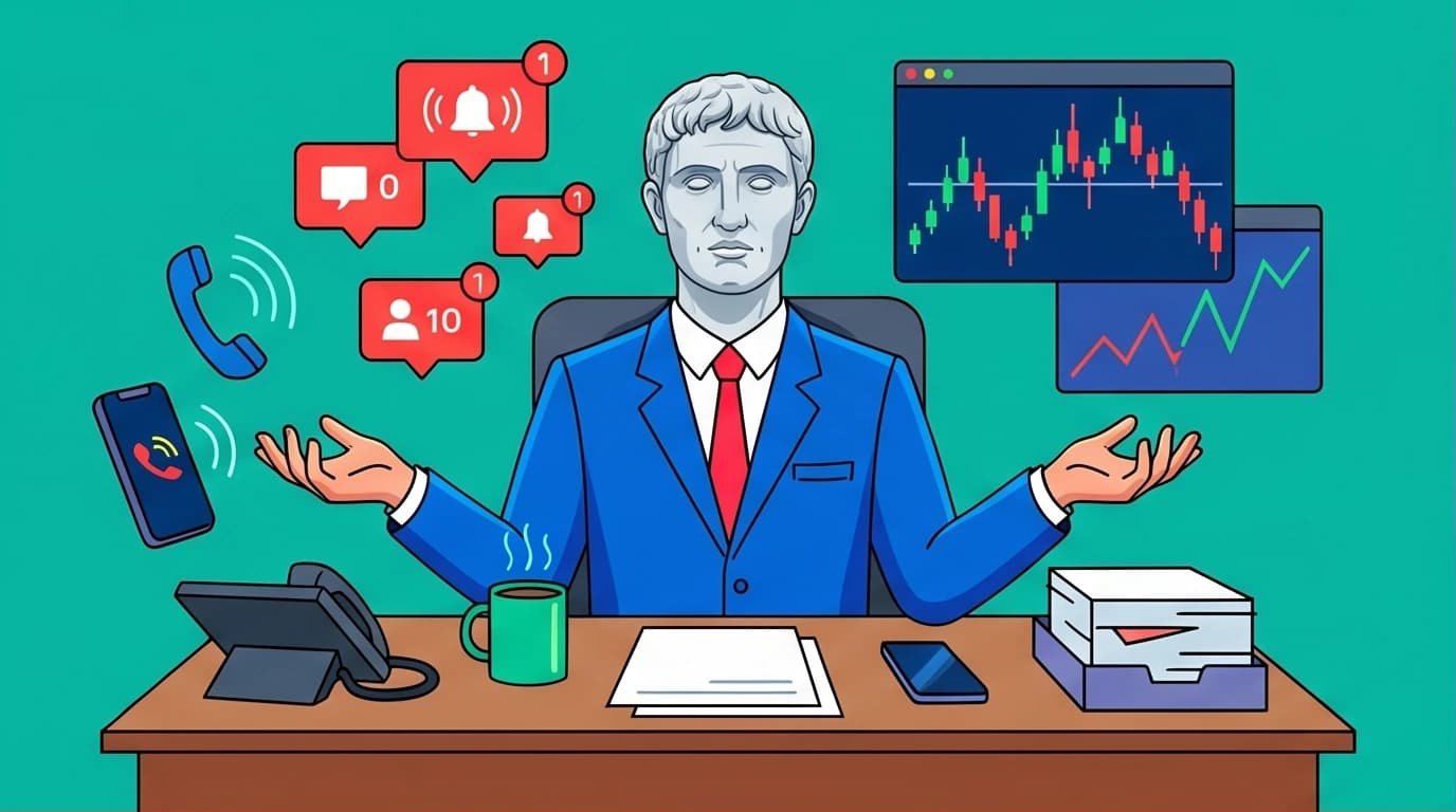 An executive embodies the Marcus Aurelius leadership style, remaining calm and stoic in a chaotic modern office, symbolizing emotional regulation.