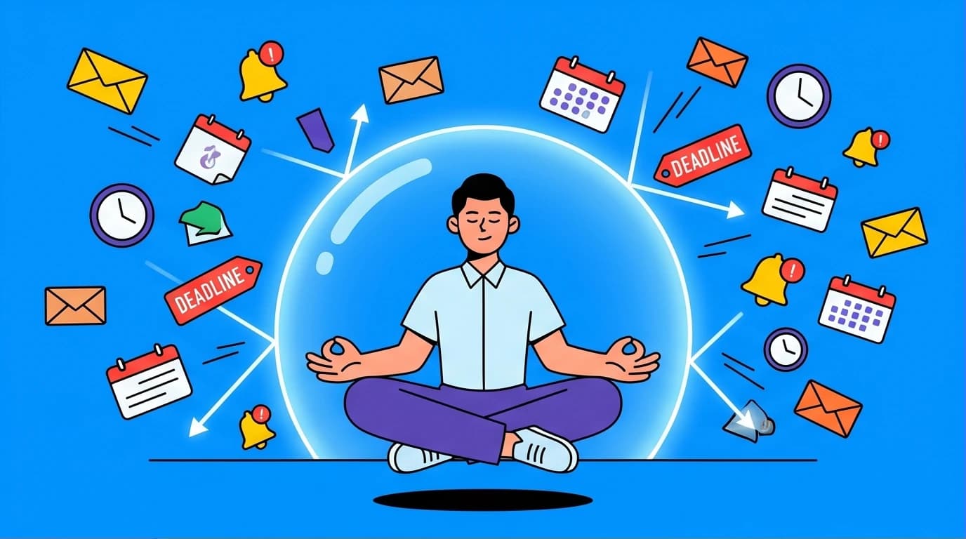 Illustration of a person using Stoic wisdom for mental resilience, remaining calm amid a storm of digital stress, embodying the Marcus Aurelius Meditations summary.