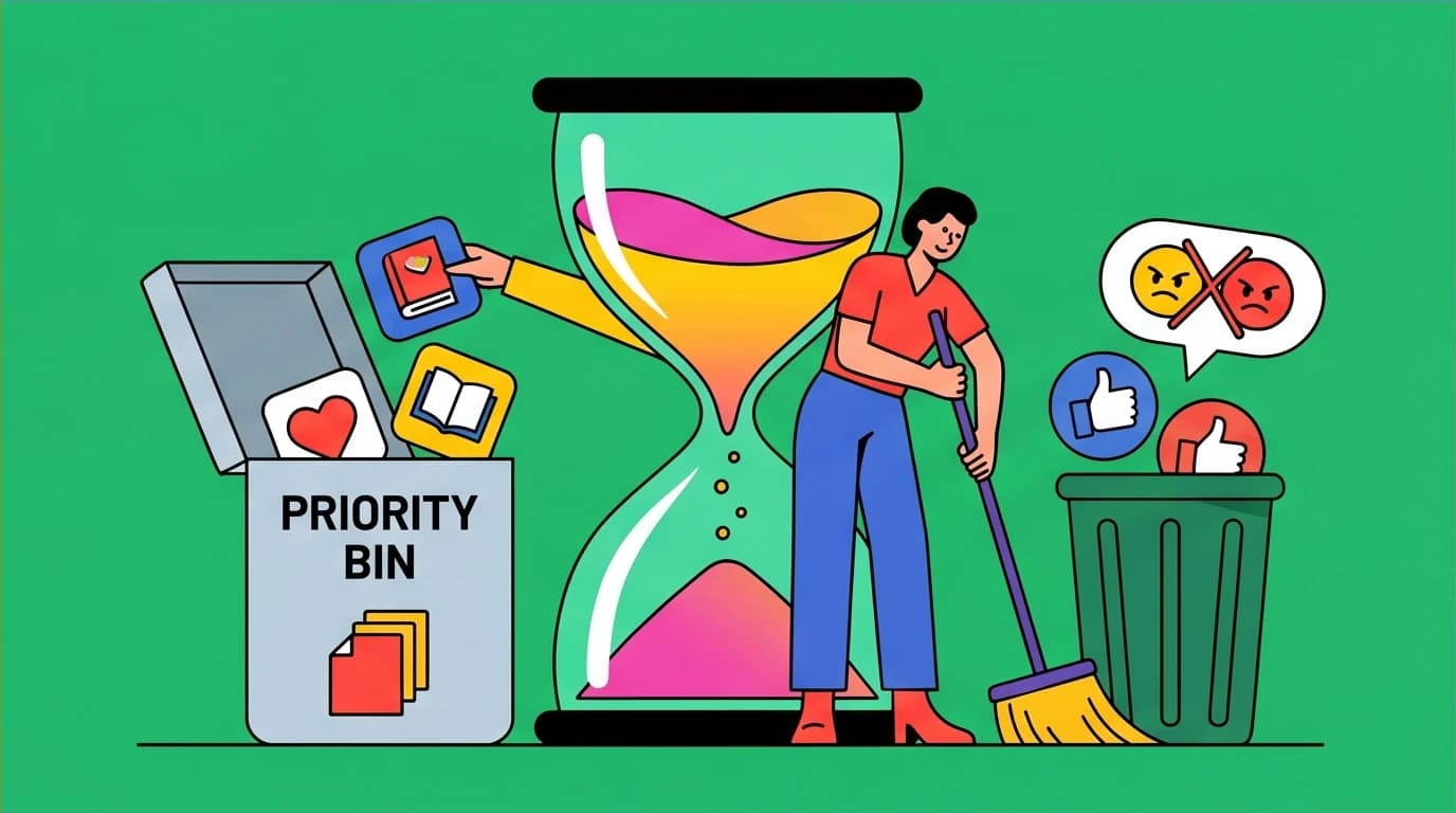 A character prioritizing essential life tasks next to an hourglass, representing the Stoic principle of Memento Mori from the Marcus Aurelius Meditations summary.