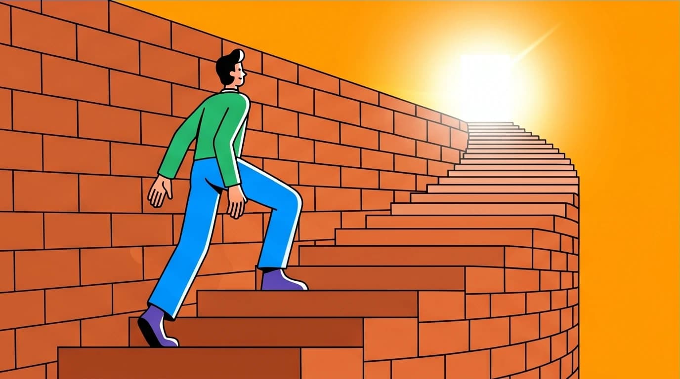 An illustration of a giant obstacle turning into a staircase, symbolizing the Stoic idea of embracing challenges as fuel for growth from the Meditations summary.