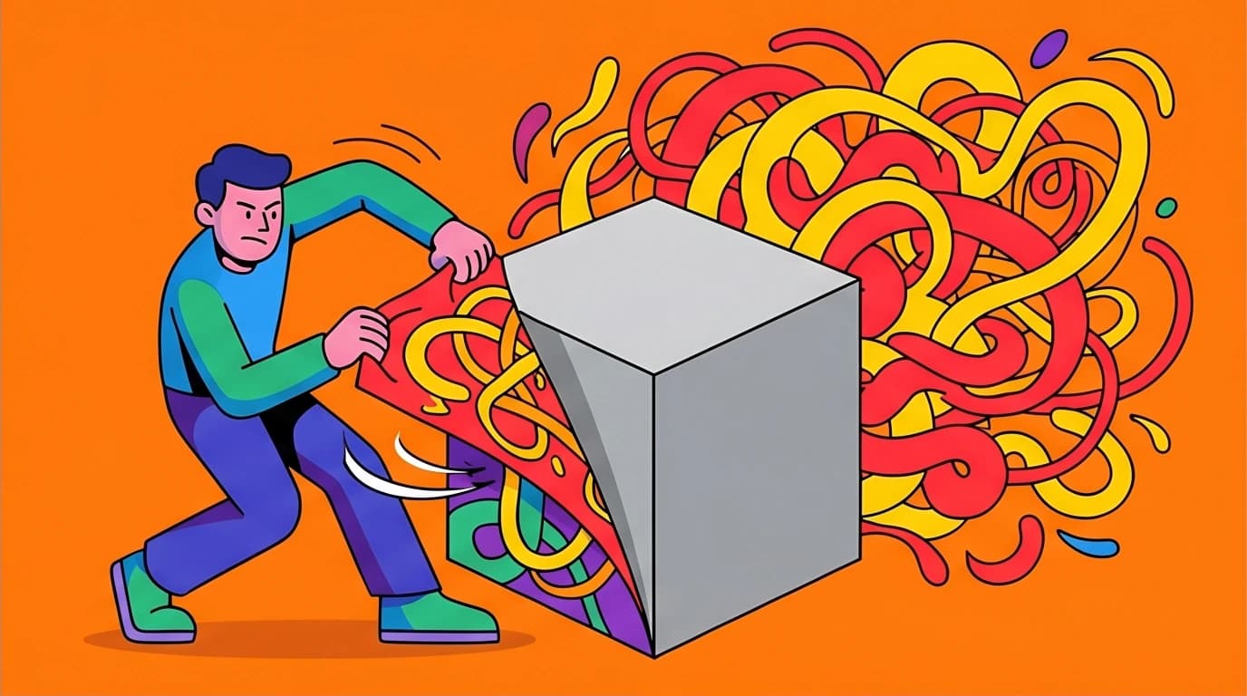 A character peels back an emotional layer from an object, a visual for the Stoic Discipline of Perception from Marcus Aurelius's Meditations.