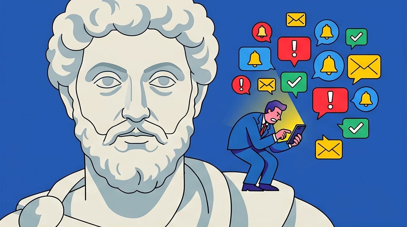 A calm, stoic bust of Marcus Aurelius providing wisdom for a stressed modern professional, summarizing the core lessons of Meditations.