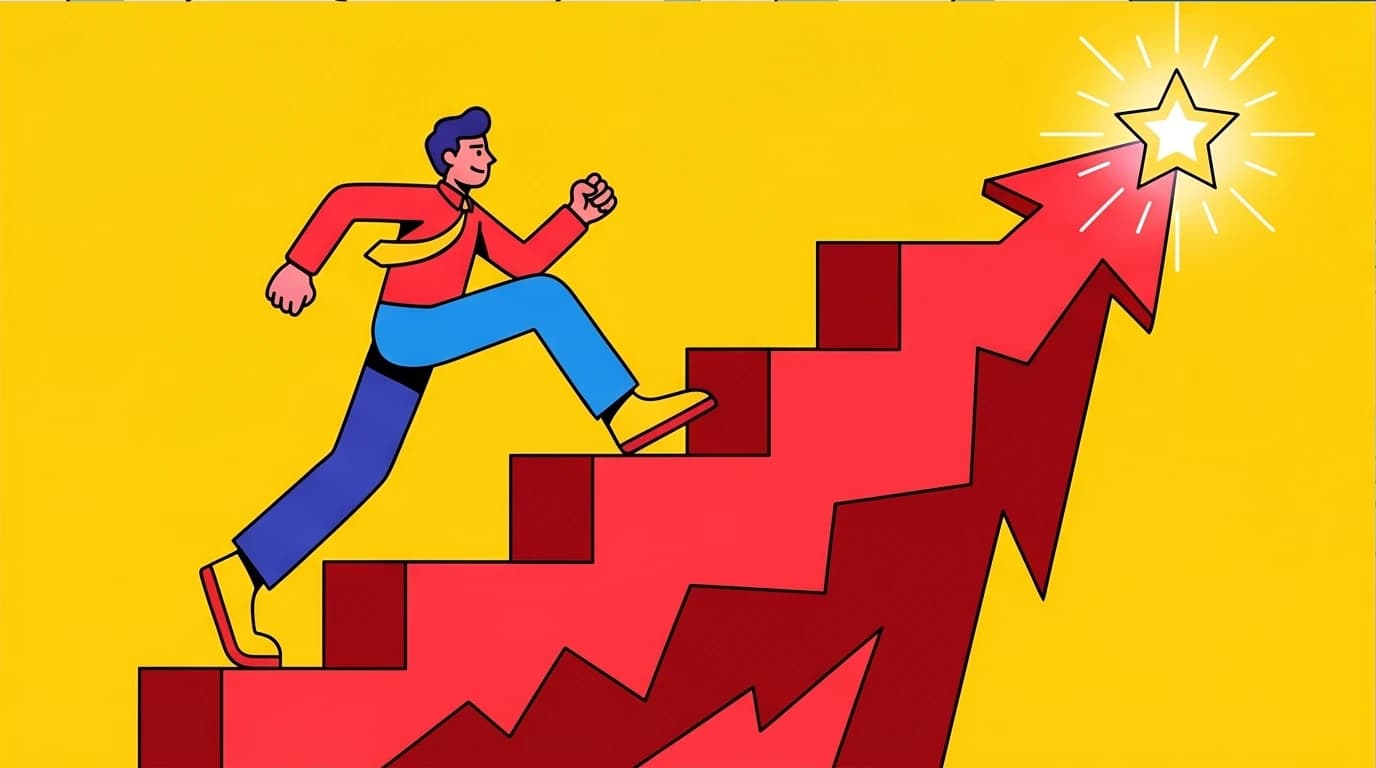A person climbs a giant red barrier as if it were a staircase, illustrating the Stoic lesson from Meditations that the obstacle is the way.