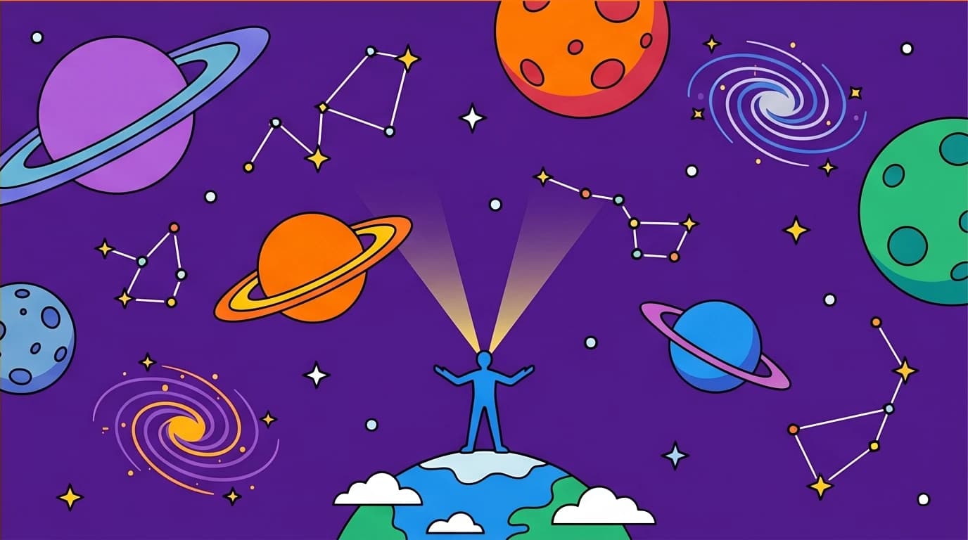 An illustration of a person gaining perspective by seeing their place in the vast cosmos, representing the 'View from Above' Stoic lesson.