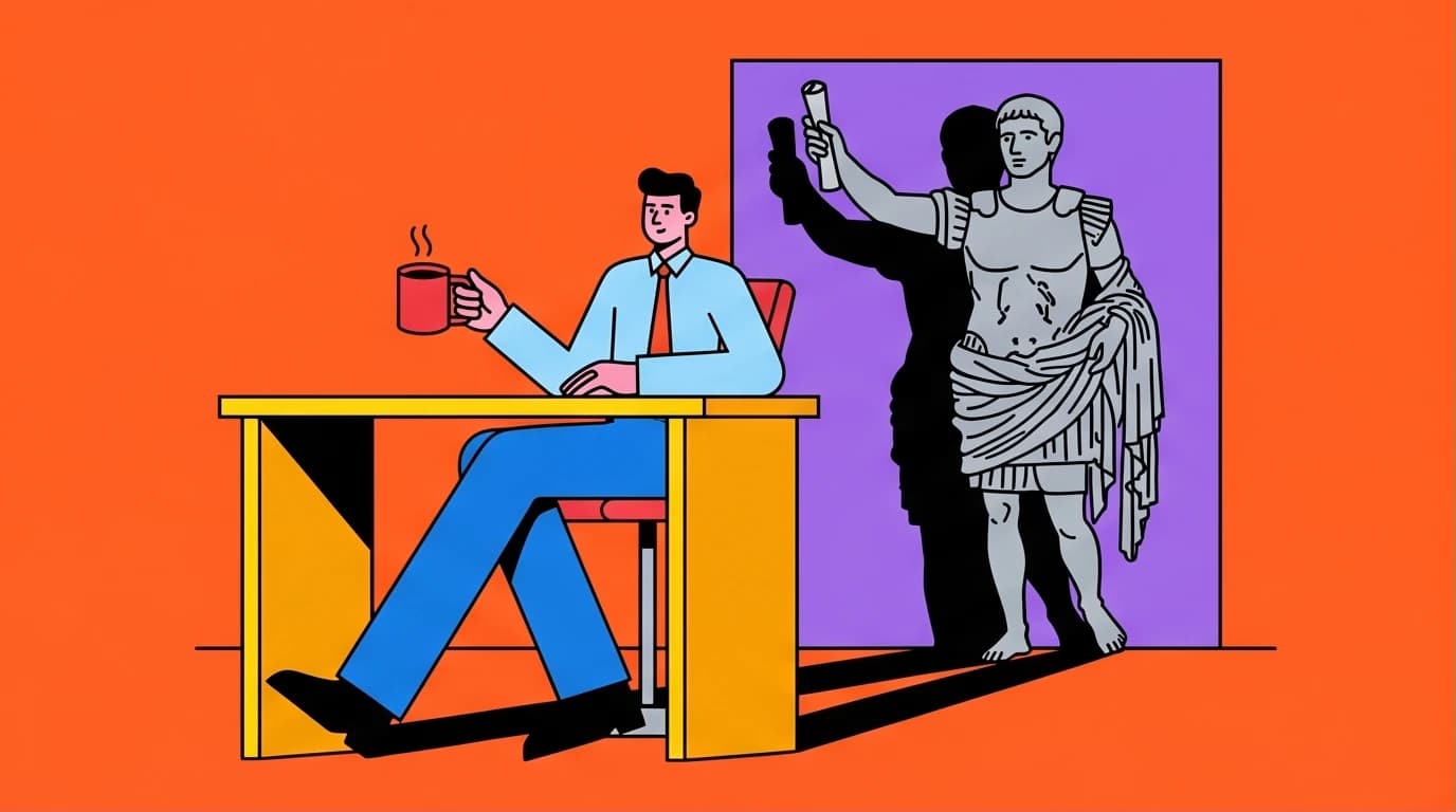 A modern professional applying the Marcus Aurelius morning routine, their shadow a Stoic statue, symbolizing daily Stoic discipline habits.