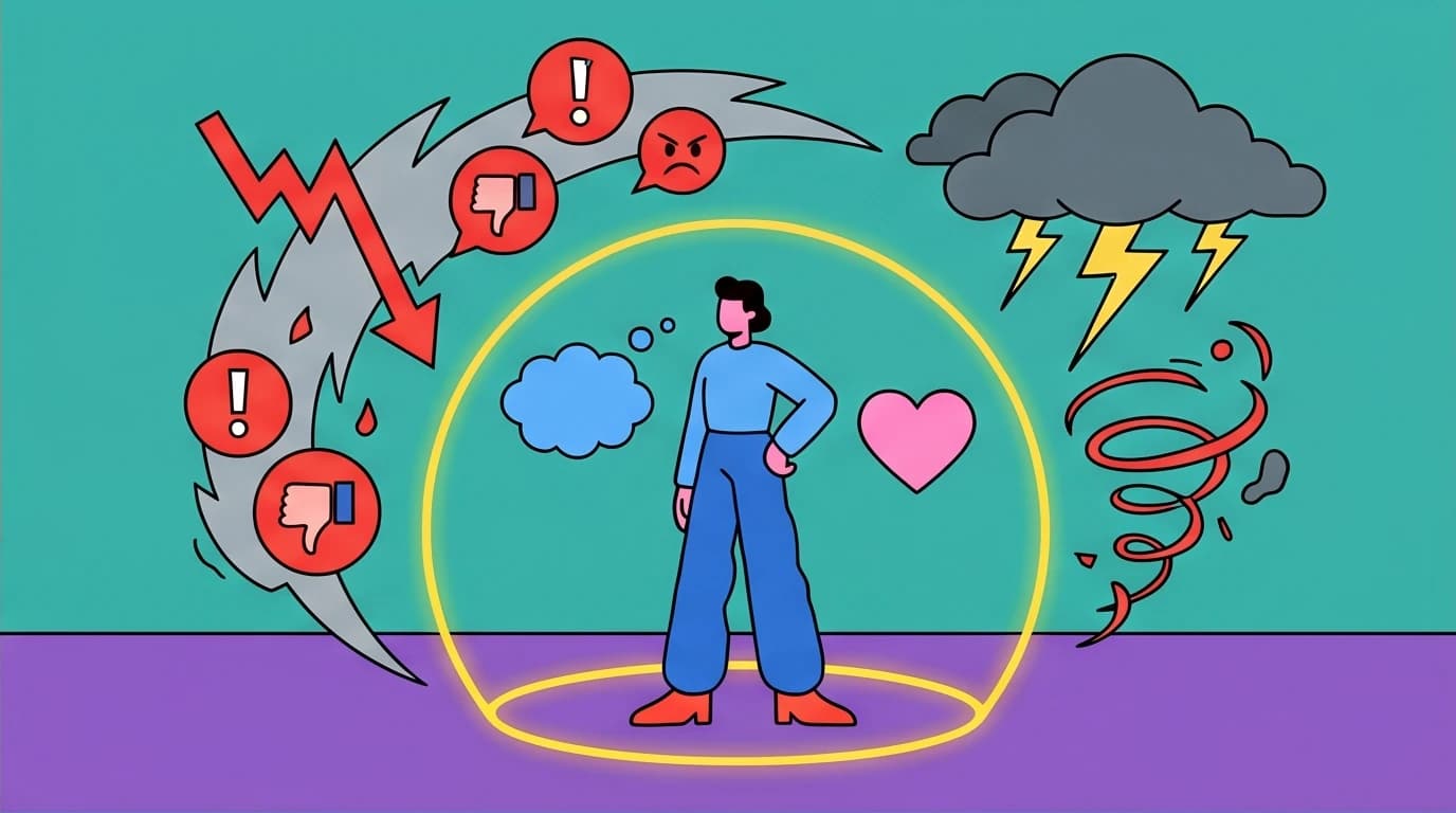 A person using the Stoic dichotomy of control to manage anxiety, standing in a calm circle separating internal choices from external chaos.