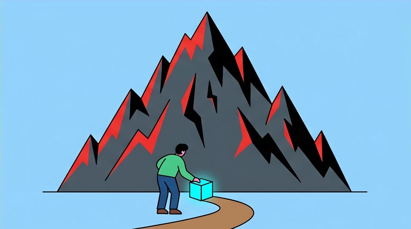 A character applying Stoicism to manage stress by focusing on the next small step instead of an overwhelming mountain of tasks.