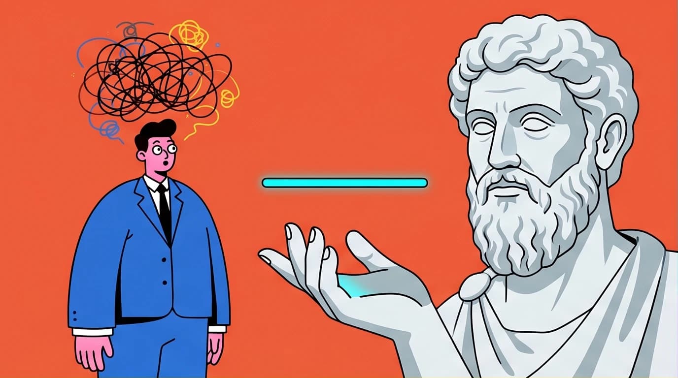 An illustration of a Stoic philosopher offering mental clarity to a modern person struggling with anxiety, representing Marcus Aurelius's lessons for a restless mind.