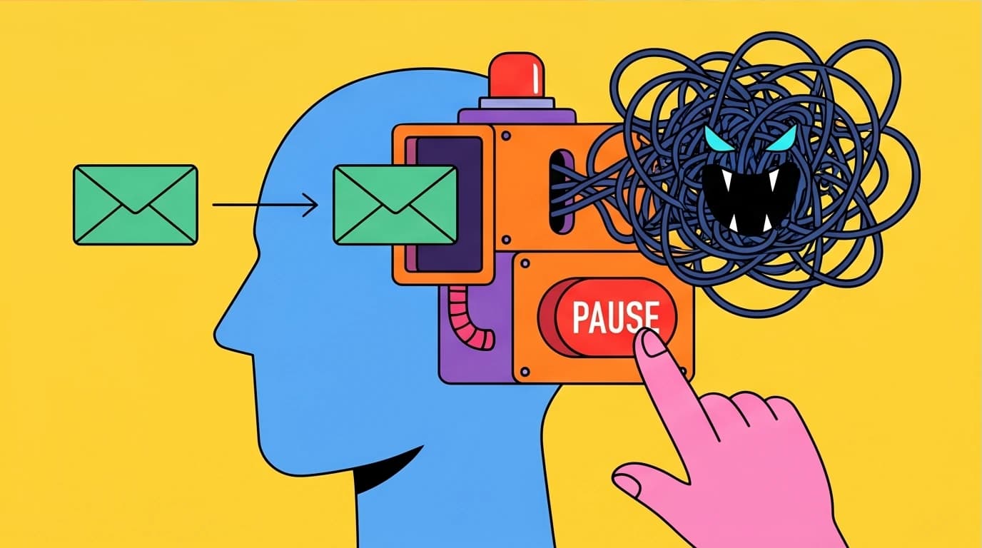 Illustration of a Stoic mindset for overthinking, showing a person stopping their brain from turning a simple fact into a catastrophic story.