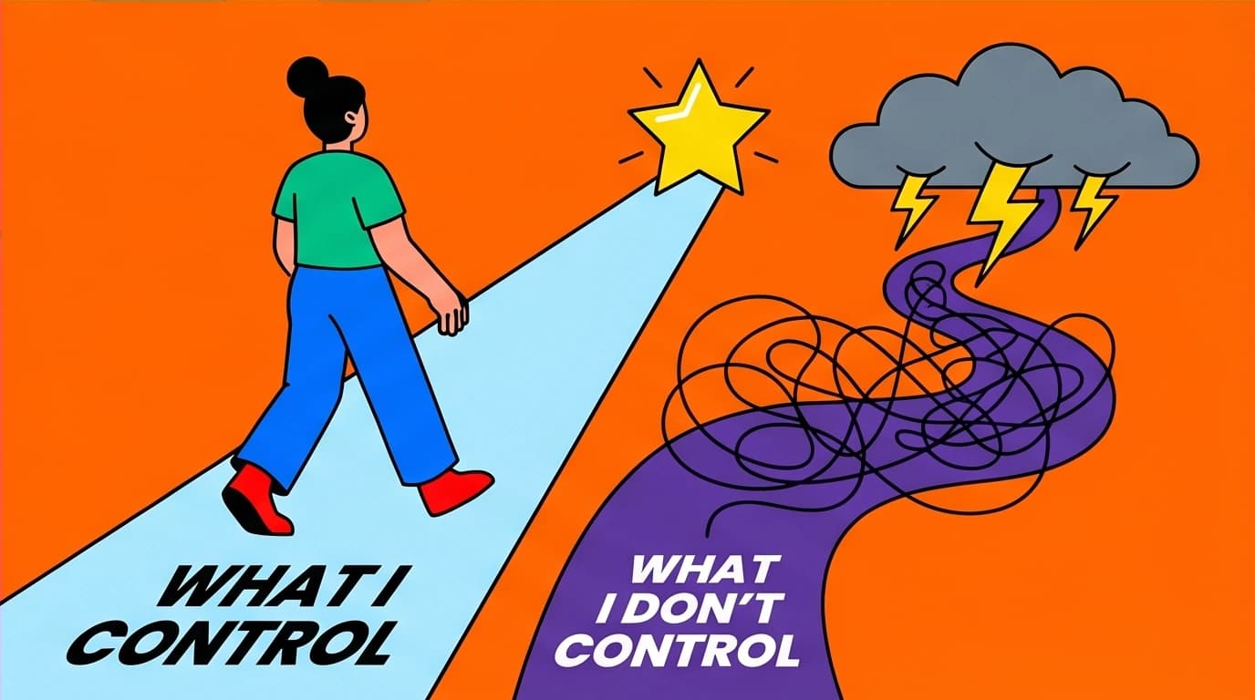 A visual guide to Stoic quotes on stress, showing a person choosing to focus on what they can control to overcome adversity.
