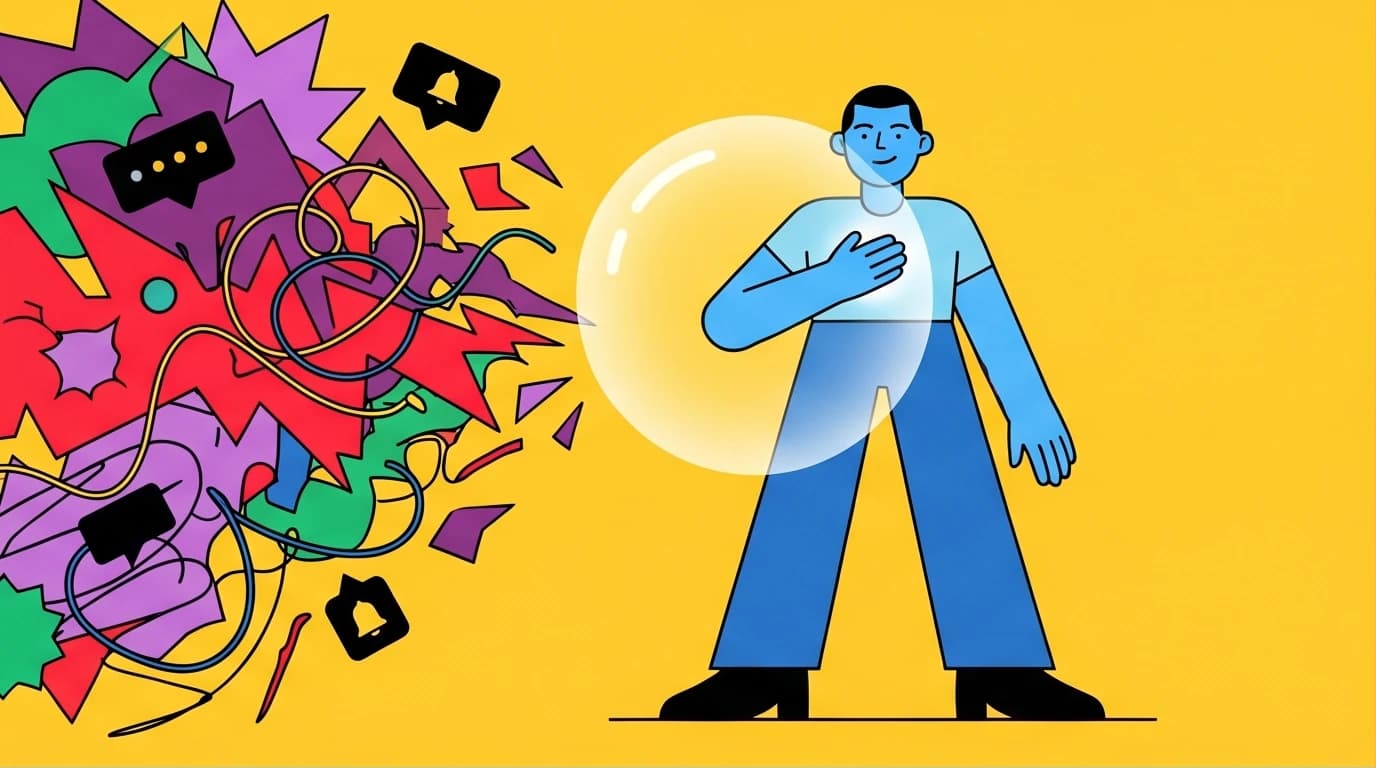 An illustration of a person maintaining inner calm amid digital chaos, representing Marcus Aurelius's Stoic wisdom on building strength and focus.