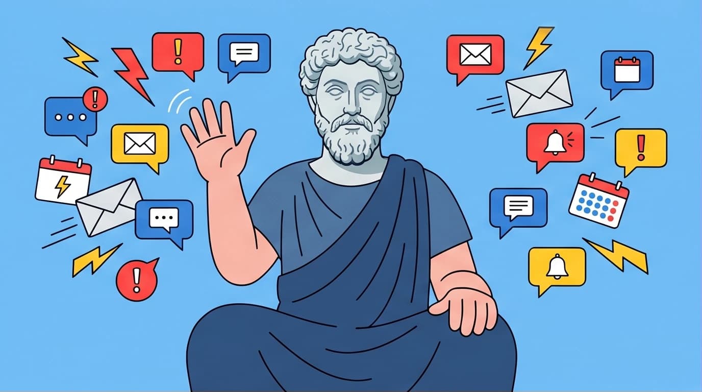 An illustration of Stoic wisdom from Marcus Aurelius quotes, showing a calm figure deflecting modern digital stress and chaos.