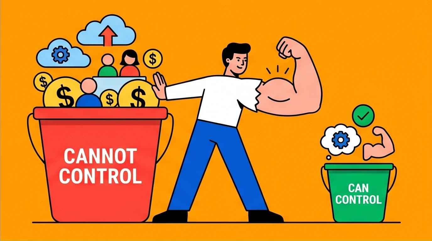Illustration of the Stoic dichotomy of control, showing a person sorting worries into things they can and cannot control to build resilience.