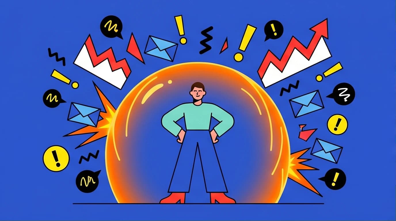 An illustration in Corporate Memphis style showing a person achieving mental toughness through Marcus Aurelius Stoicism by deflecting external chaos.