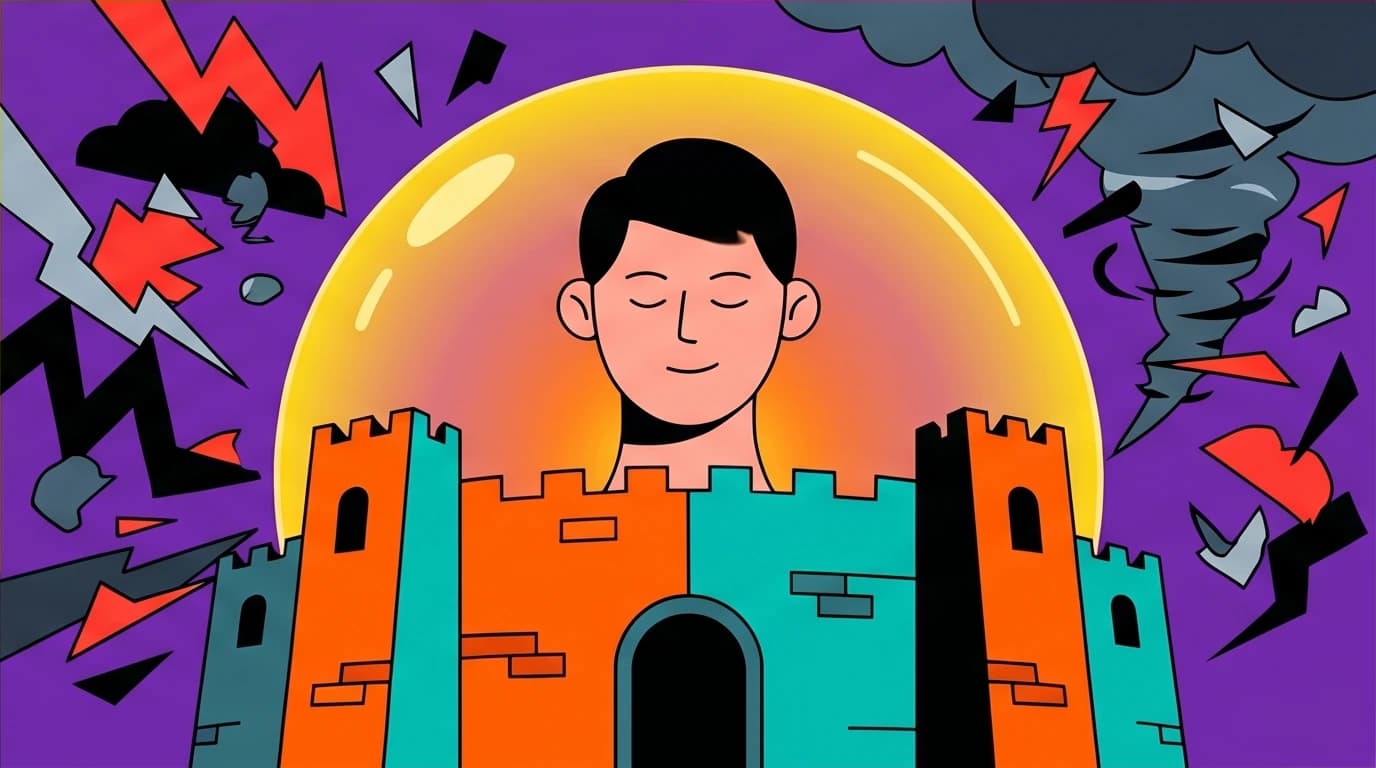 A person safe inside their 'inner citadel,' a core practice of Marcus Aurelius Stoicism for maintaining peace amid external chaos.