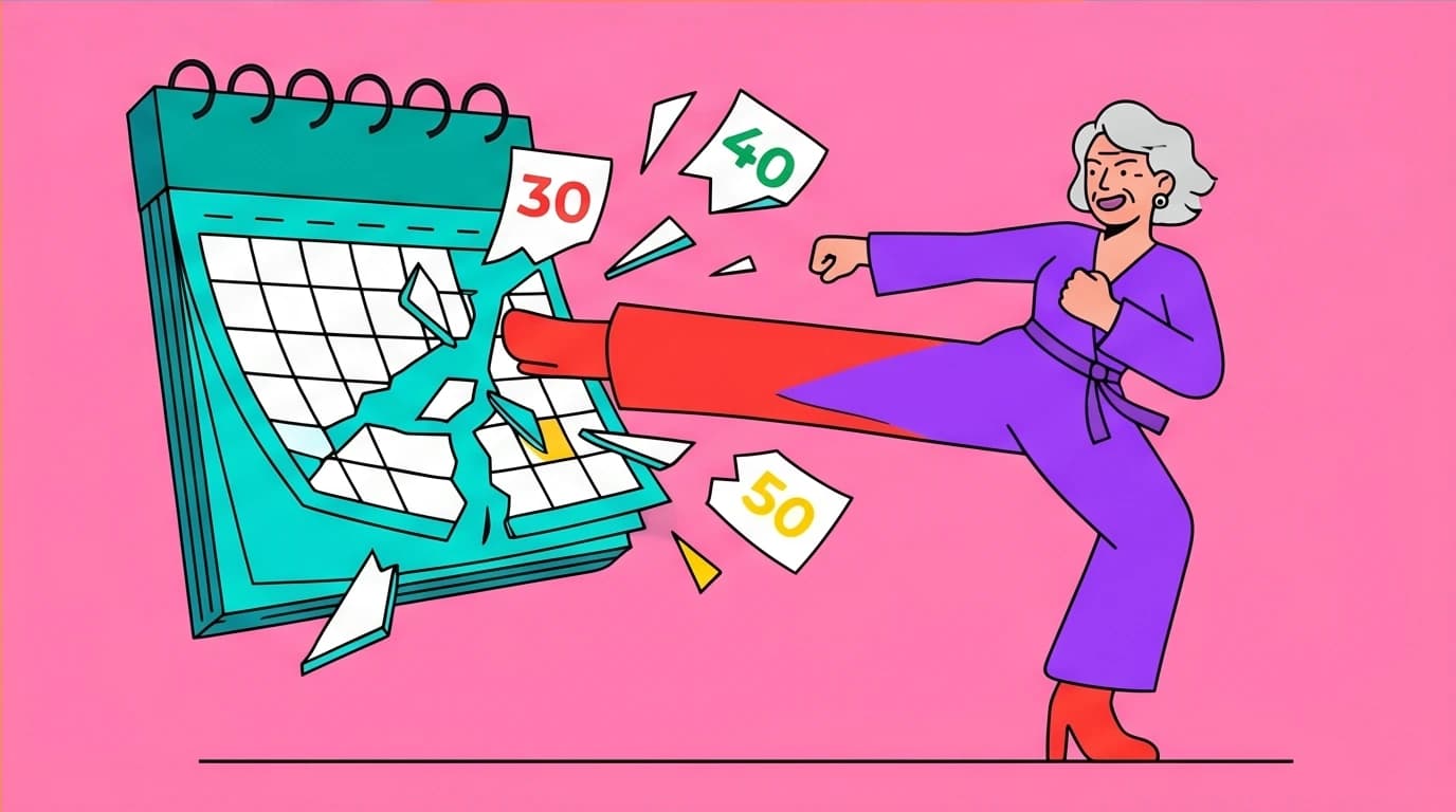An older woman shatters a timeline, representing Maye Musk's advice that success and adventure are possible at any age from her book.
