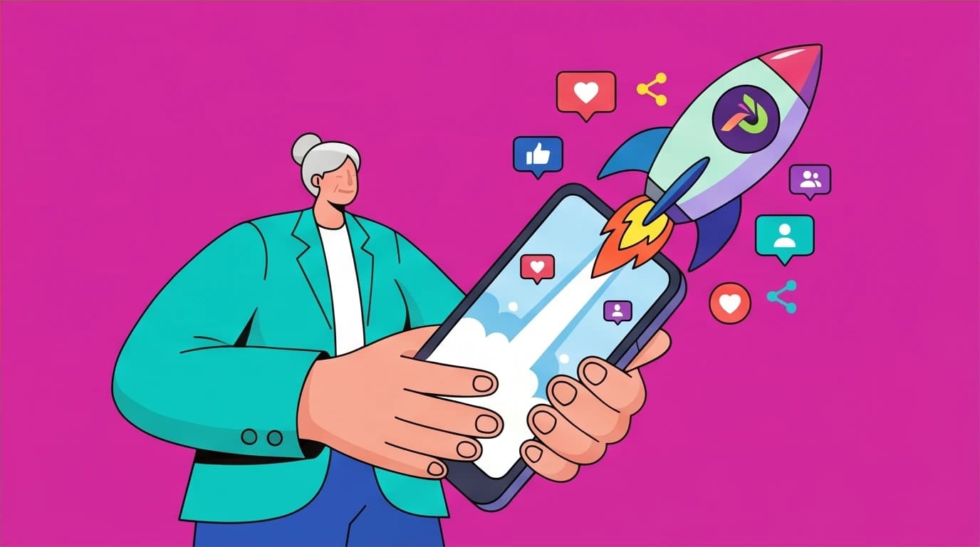 A woman launches her personal brand from a smartphone, representing Maye Musk's career advice on using social media for relentless self-promotion.