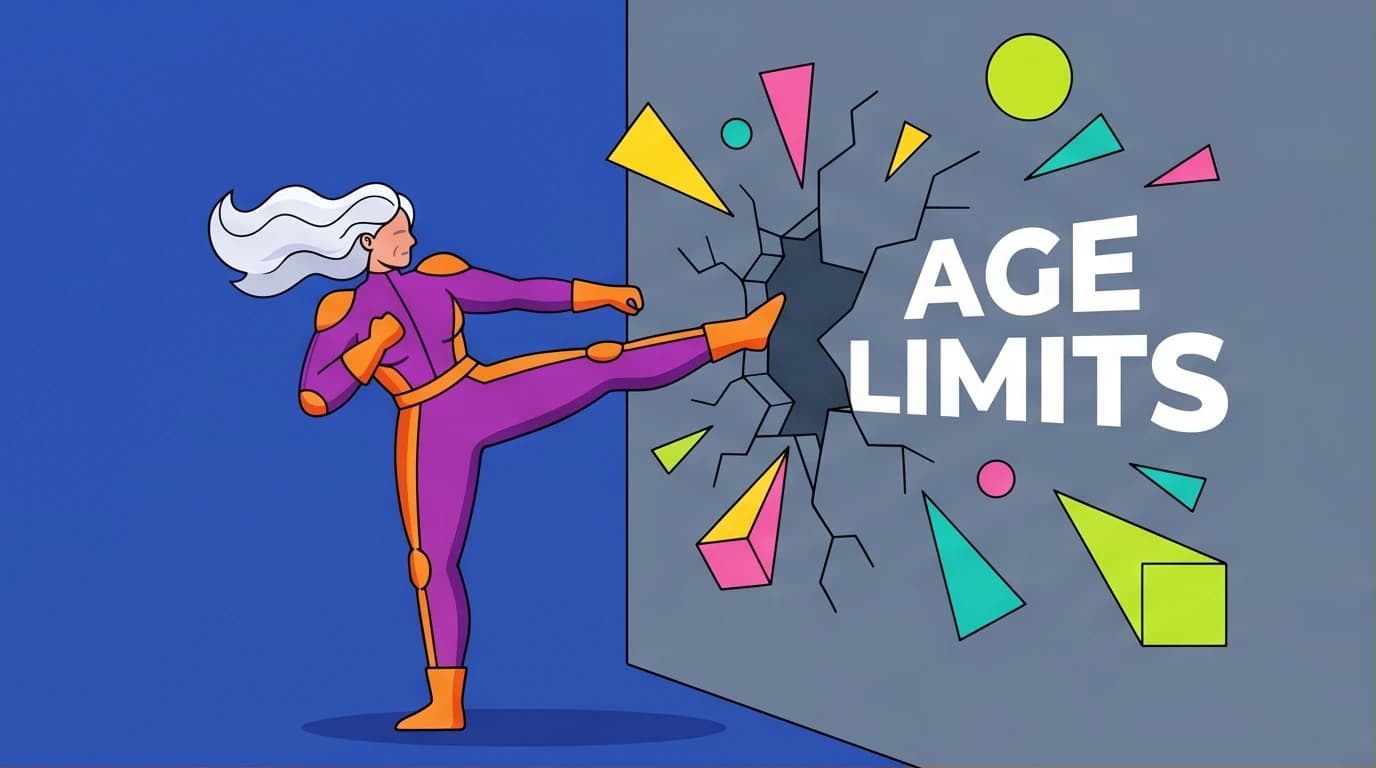 An illustration of a senior professional woman breaking barriers, symbolizing Maye Musk's career advice on reinventing your professional life at any age.