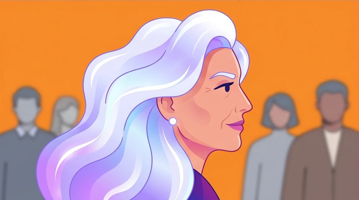 A woman with unique white hair stands out, illustrating Maye Musk's advice on turning a perceived weakness into a unique selling proposition for reinvention.