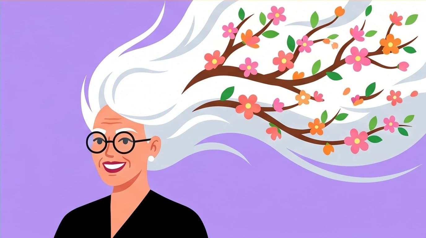 A woman with vibrant white hair symbolizing authentic Maye Musk confidence and the power of embracing age when starting over in life.