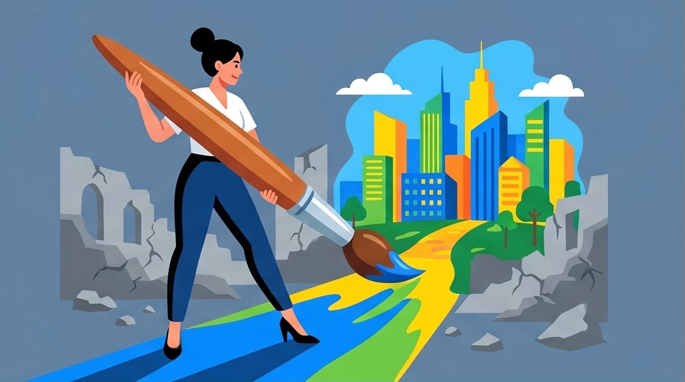 An illustration of a woman rebuilding her reality, embodying Maye Musk's life lessons on starting over from scratch with a plan.