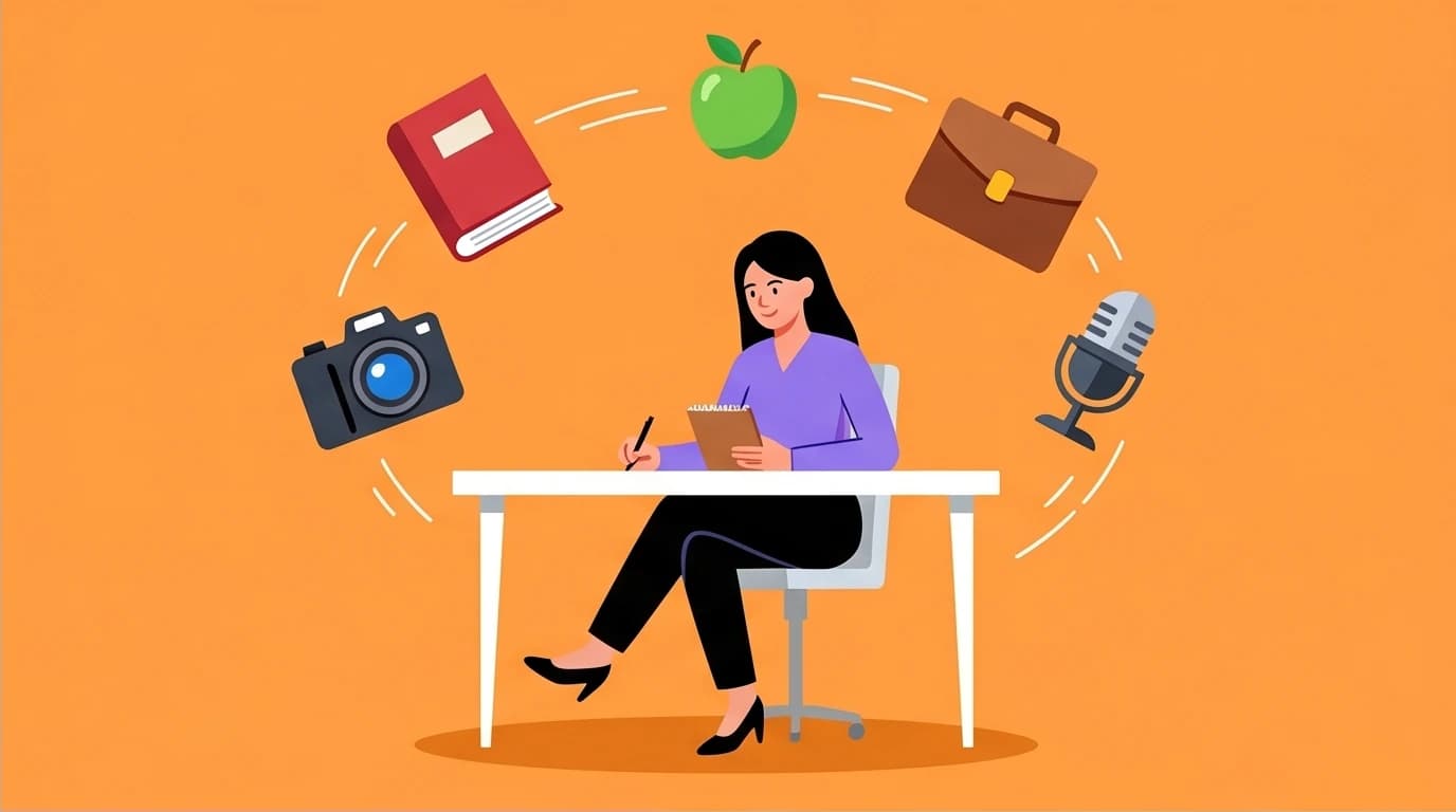 A woman demonstrating the Maye Musk mindset by creating a simple plan to survive, juggling icons of multiple jobs calmly.