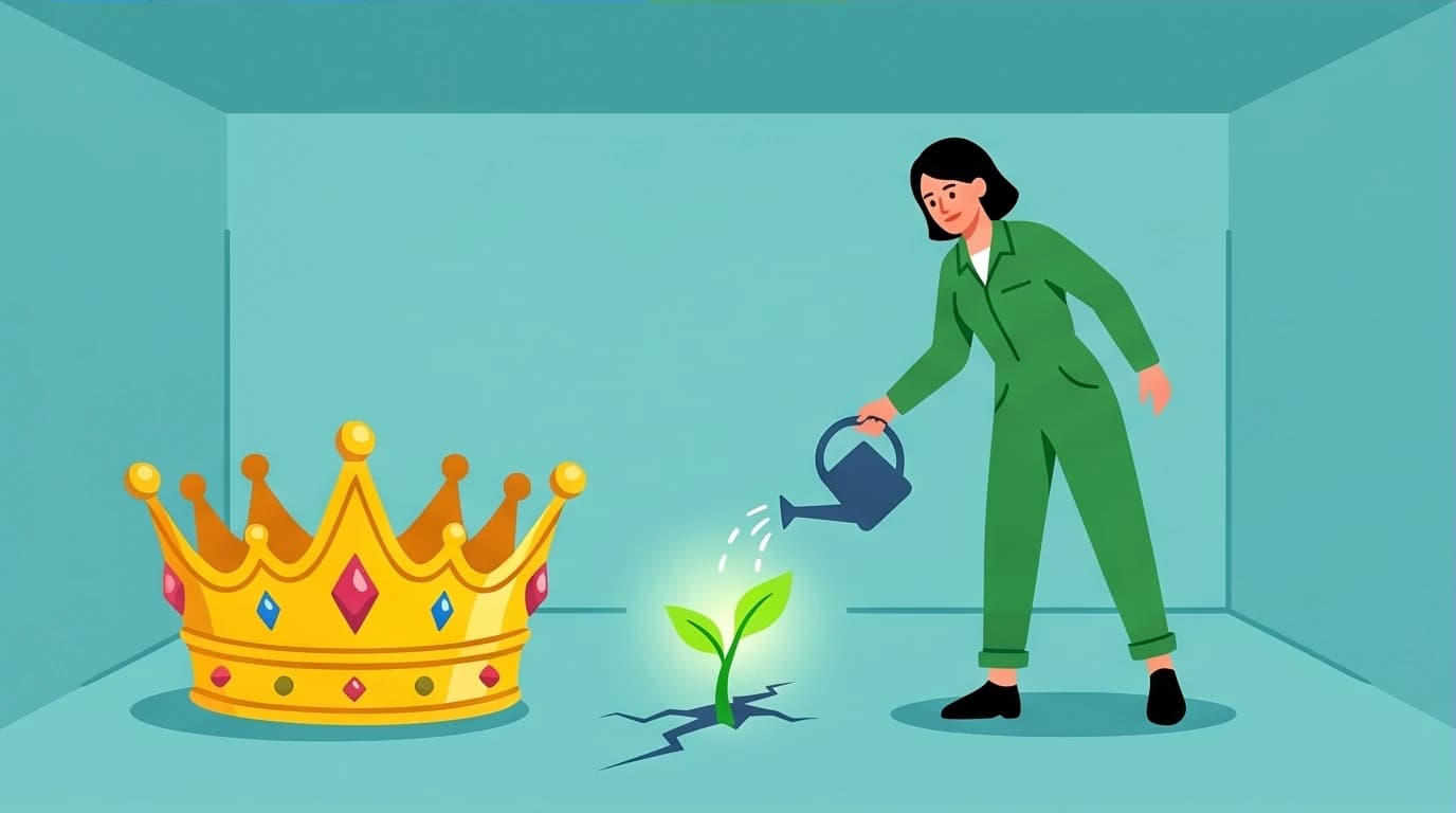 An illustration showing Maye Musk overcoming adversity by shedding her ego to focus on growth, a core lesson in her journey.
